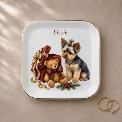 Yorkshire Terrier jewelry dish styled with gold rings and a personalized name