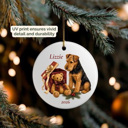 Personalized Welsh Terrier ornament hanging on a lit Christmas tree
