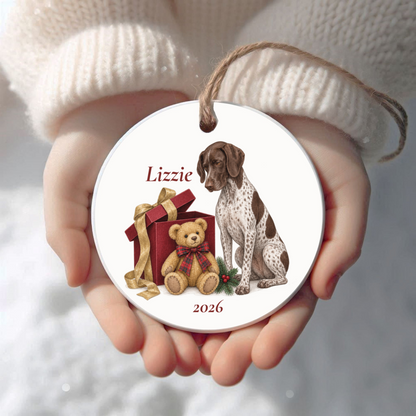 Personalized German Shorthaired Pointer (Liver & White) Bear Necessities Christmas ornament held in cupped hands