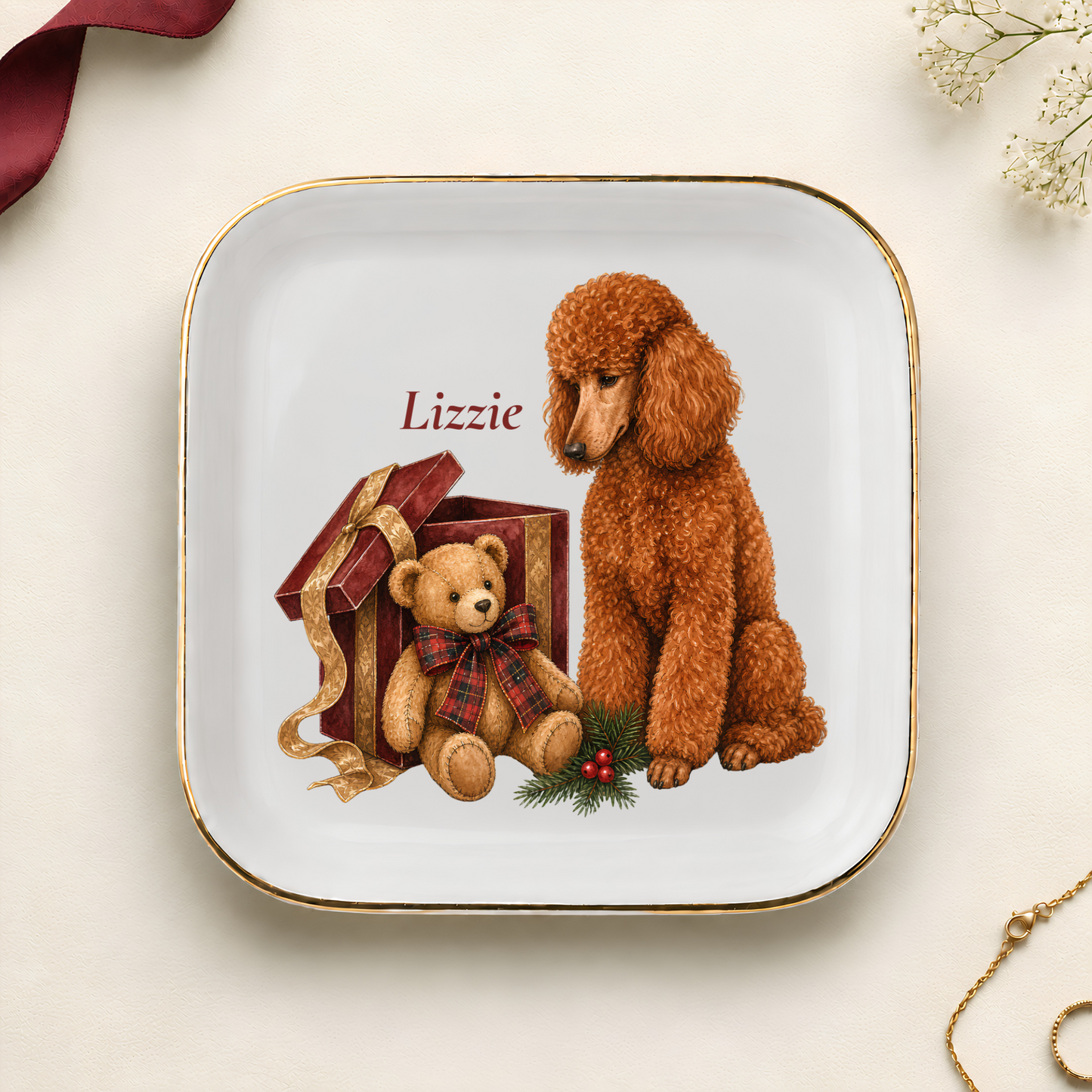 Personalized Standard Poodle Christmas jewelry dish with gold rim