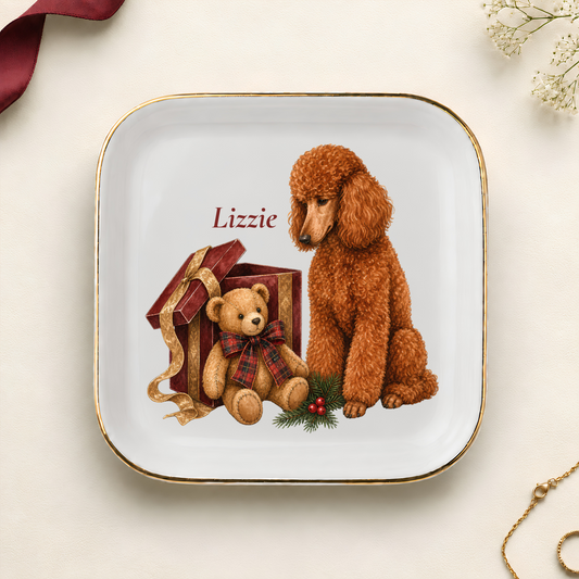 Personalized Standard Poodle Christmas jewelry dish with gold rim