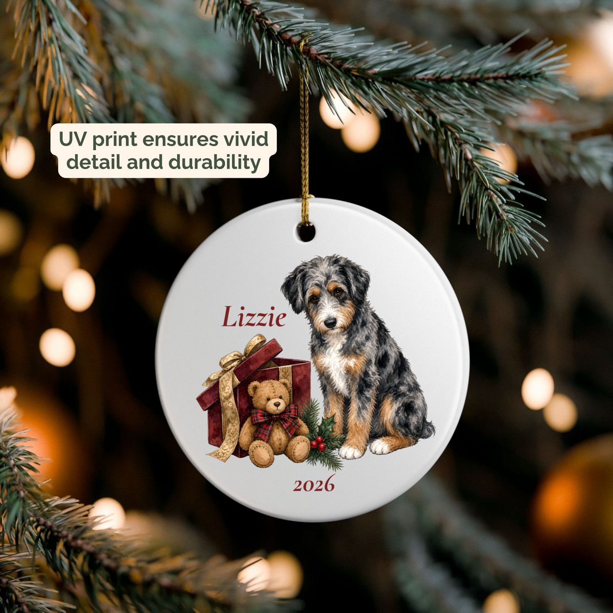 Aussiedoodle (Blue Merle) personalized Bear Necessities ornament packed in a gift mailer box