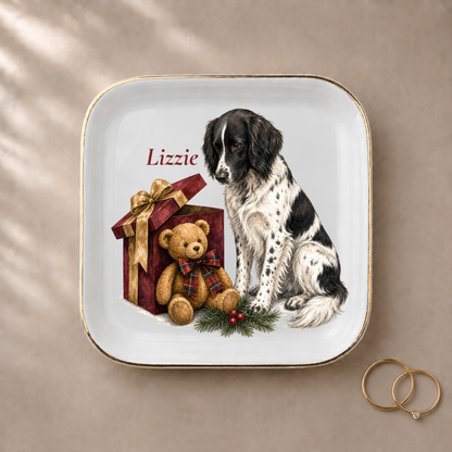 Large Munsterlander jewelry dish styled with gold rings and a personalized name