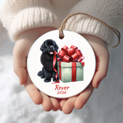 Personalized Newfoundland Christmas ornament held in cupped hands