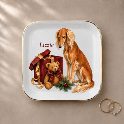 Saluki jewelry dish styled with gold rings and a personalized name