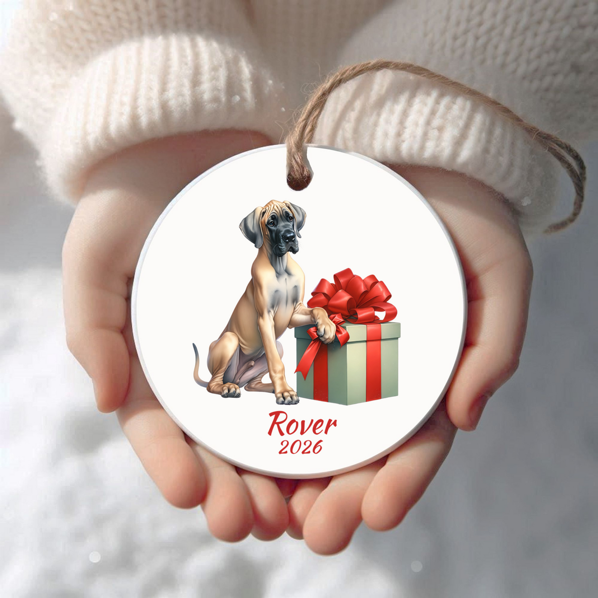 Personalized Great Dane Christmas ornament held in cupped hands