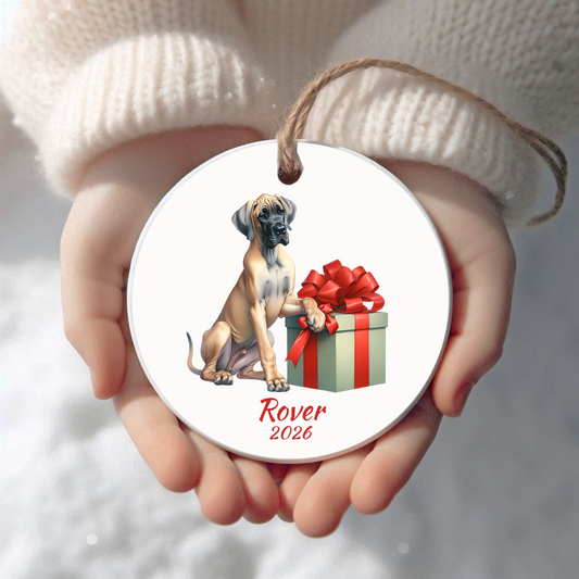 Personalized Great Dane Christmas ornament held in cupped hands