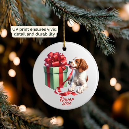 Personalized Brittany Spaniel ornament hanging on a lit Christmas tree