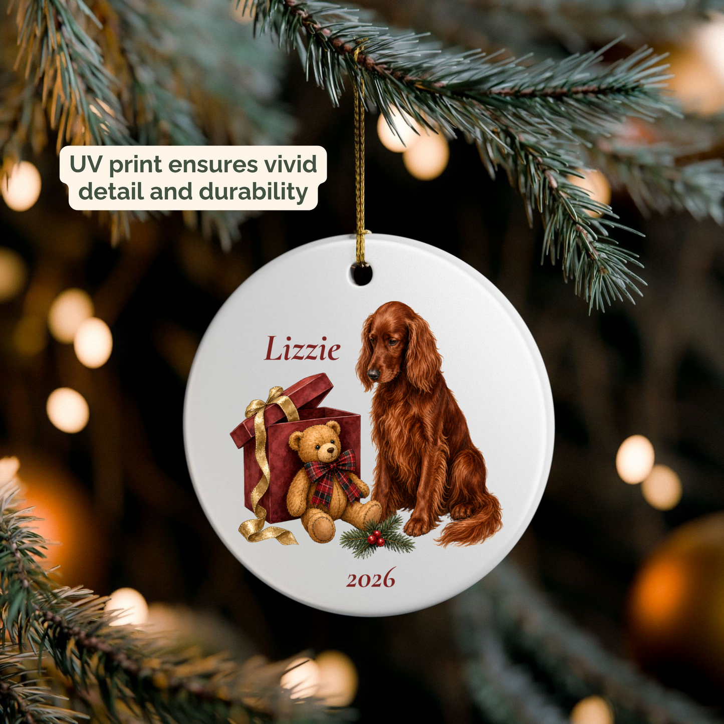 Personalized Irish Setter ornament hanging on a lit Christmas tree