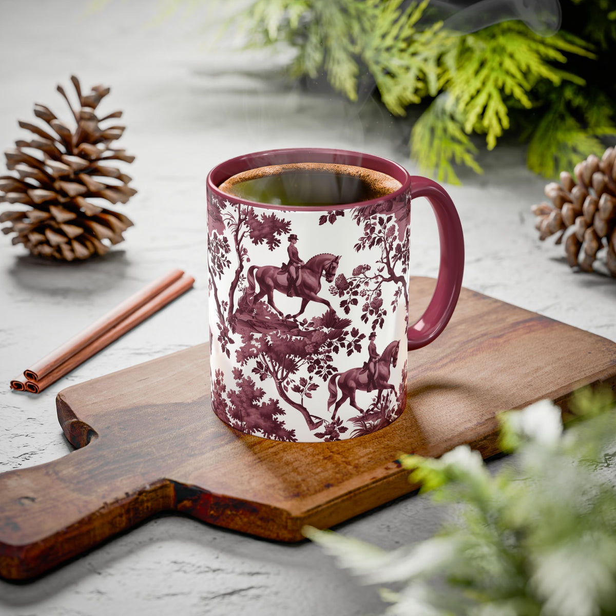 Dressage Horse cranberry toile ceramic mug styled on a table, lifestyle photo