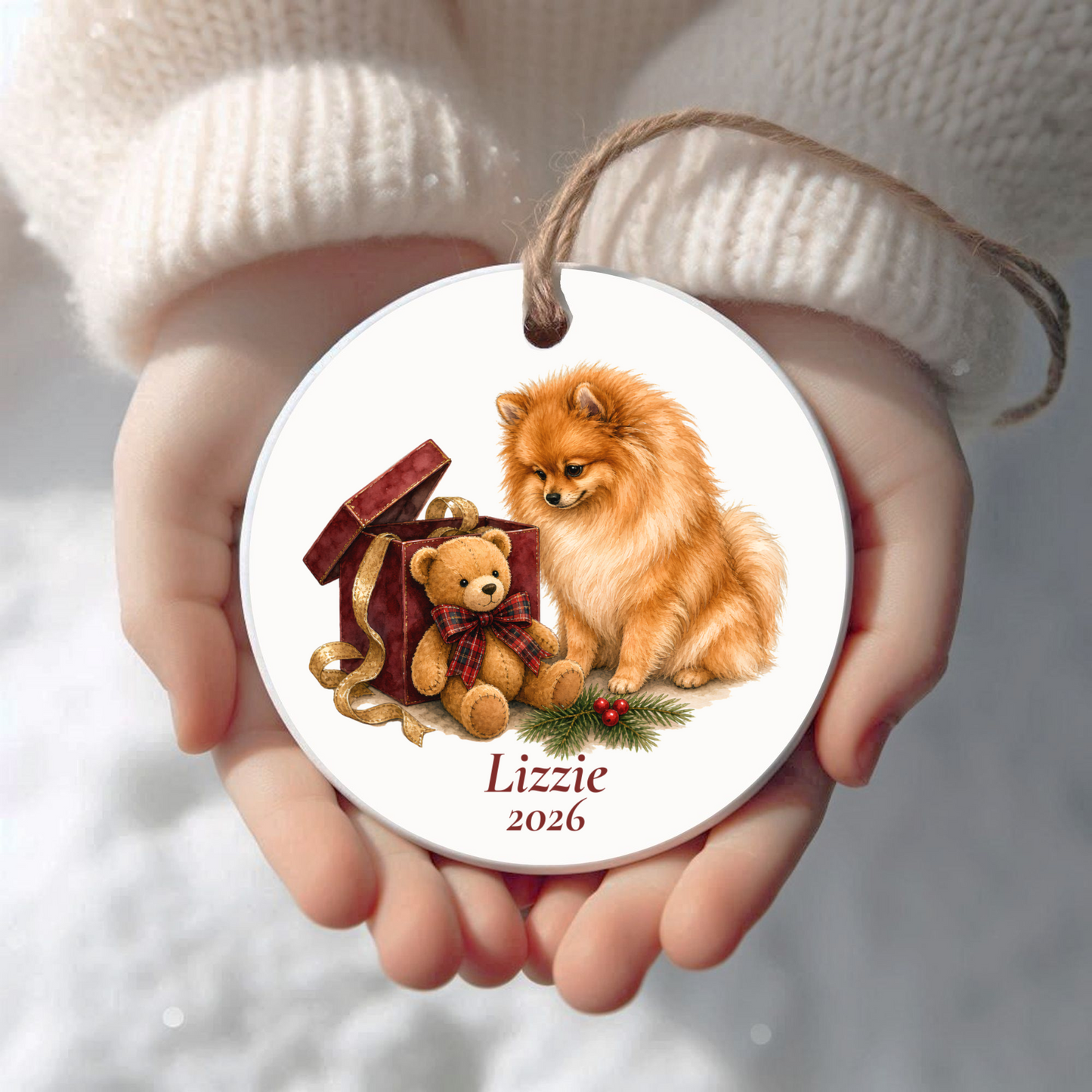 Personalized Pomeranian Christmas ornament held in cupped hands