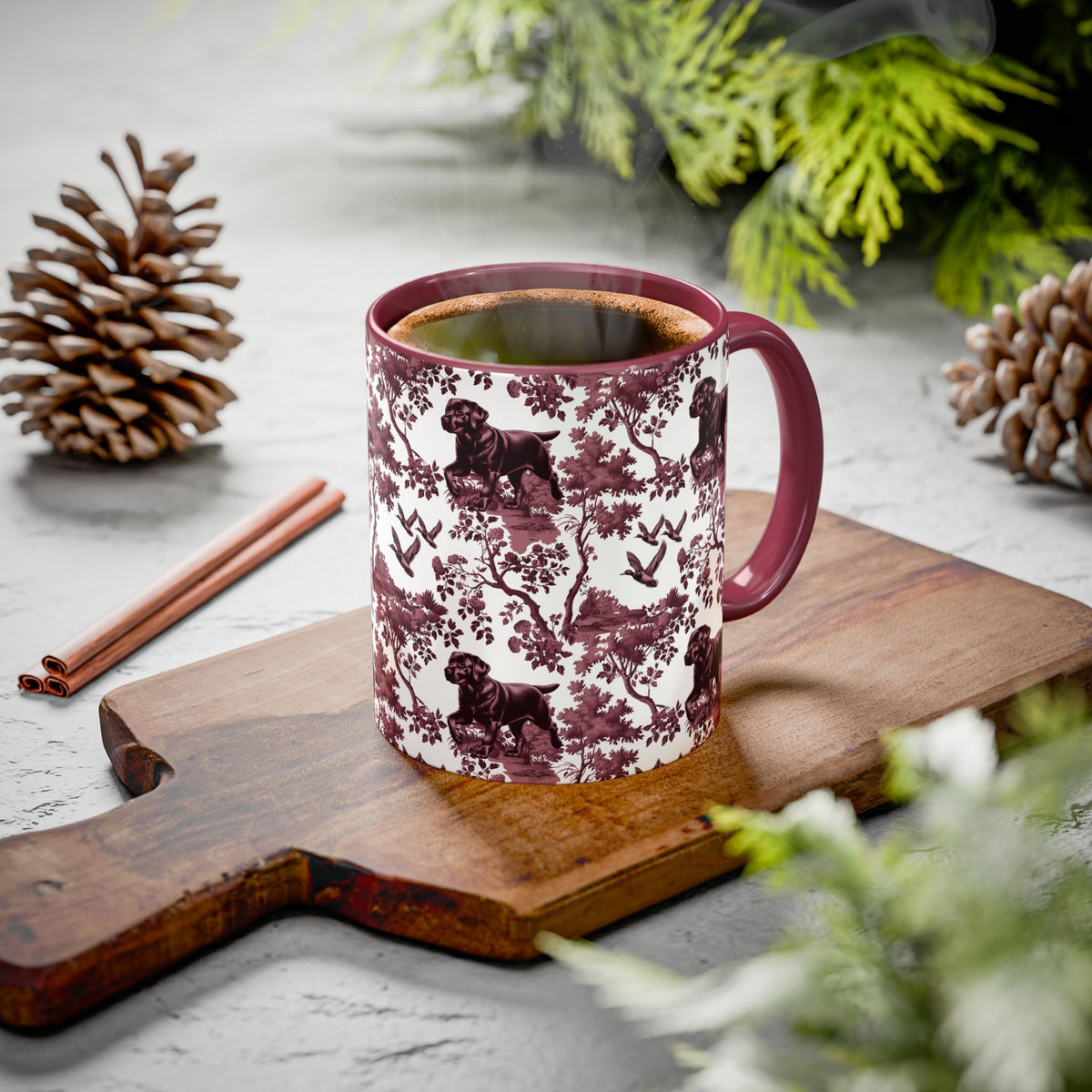 Black Labrador Duck petite cranberry toile ceramic mug styled on a table, lifestyle photo