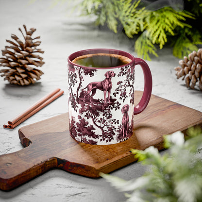 Weimaraner cranberry toile ceramic mug styled on a table, lifestyle photo