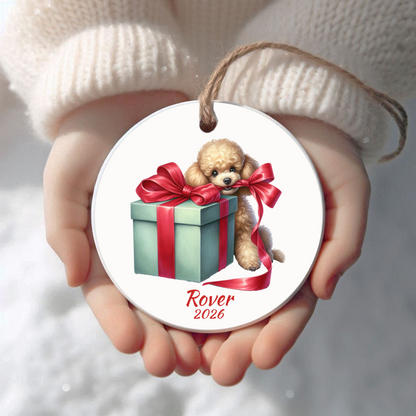 Personalized Apricot Poodle Christmas ornament held in cupped hands