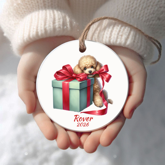 Personalized Apricot Poodle Christmas ornament held in cupped hands