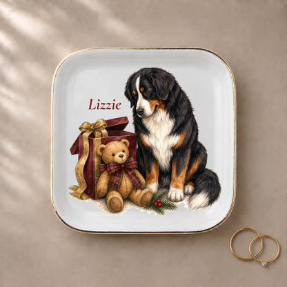 Bernese Mountain Dog jewelry dish styled with gold rings and a personalized name