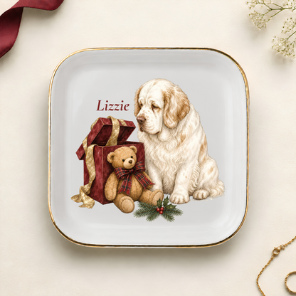 Personalized Clumber Spaniel Christmas jewelry dish with gold rim