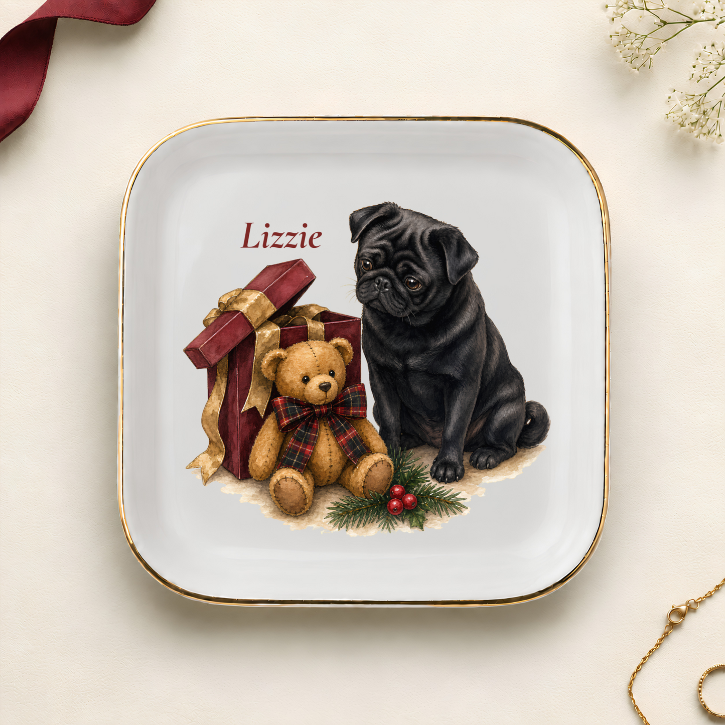 Personalized Pug Christmas jewelry dish with gold rim