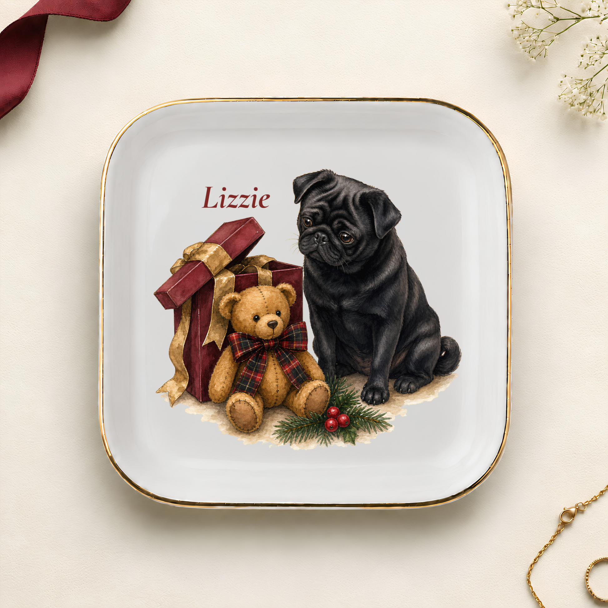 Personalized Pug Christmas jewelry dish with gold rim