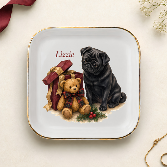 Personalized Pug Christmas jewelry dish with gold rim
