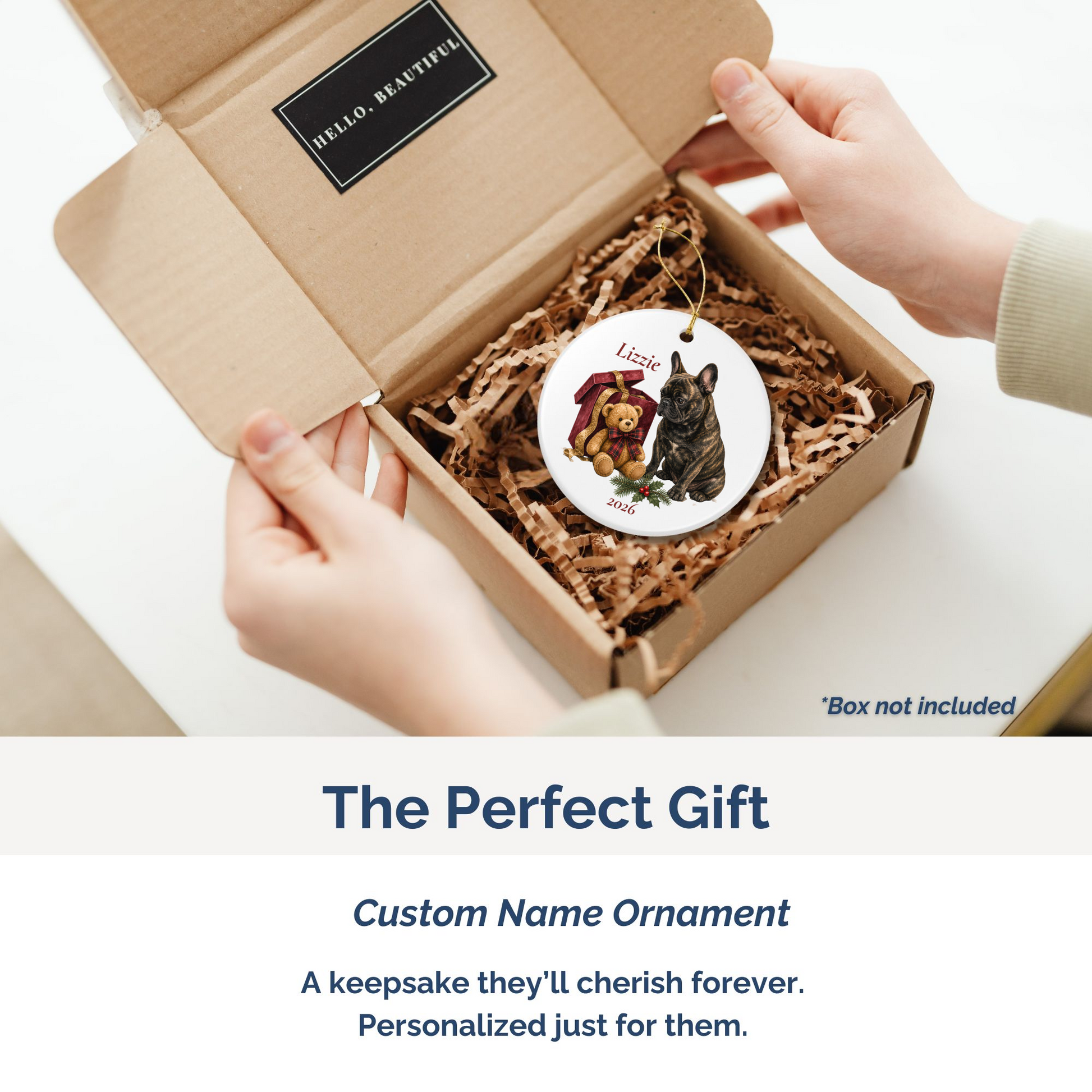 French Bulldog personalized ornament packed in a gift mailer box