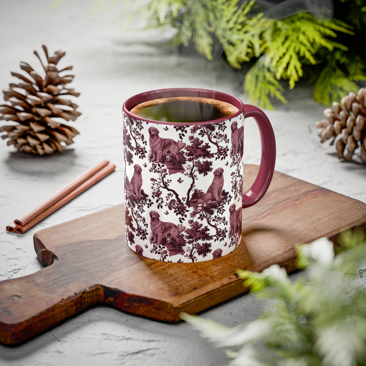 Golden Retriever petite cranberry toile ceramic mug styled on a table, lifestyle photo
