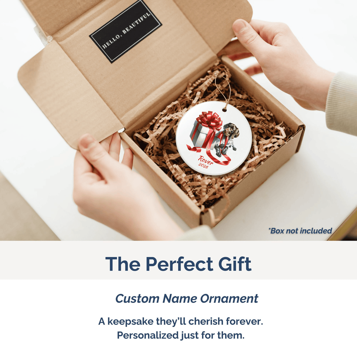 German Shorthaired Pointer personalized ornament packed in a gift mailer box