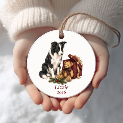 Personalized Border Collie Christmas ornament held in cupped hands