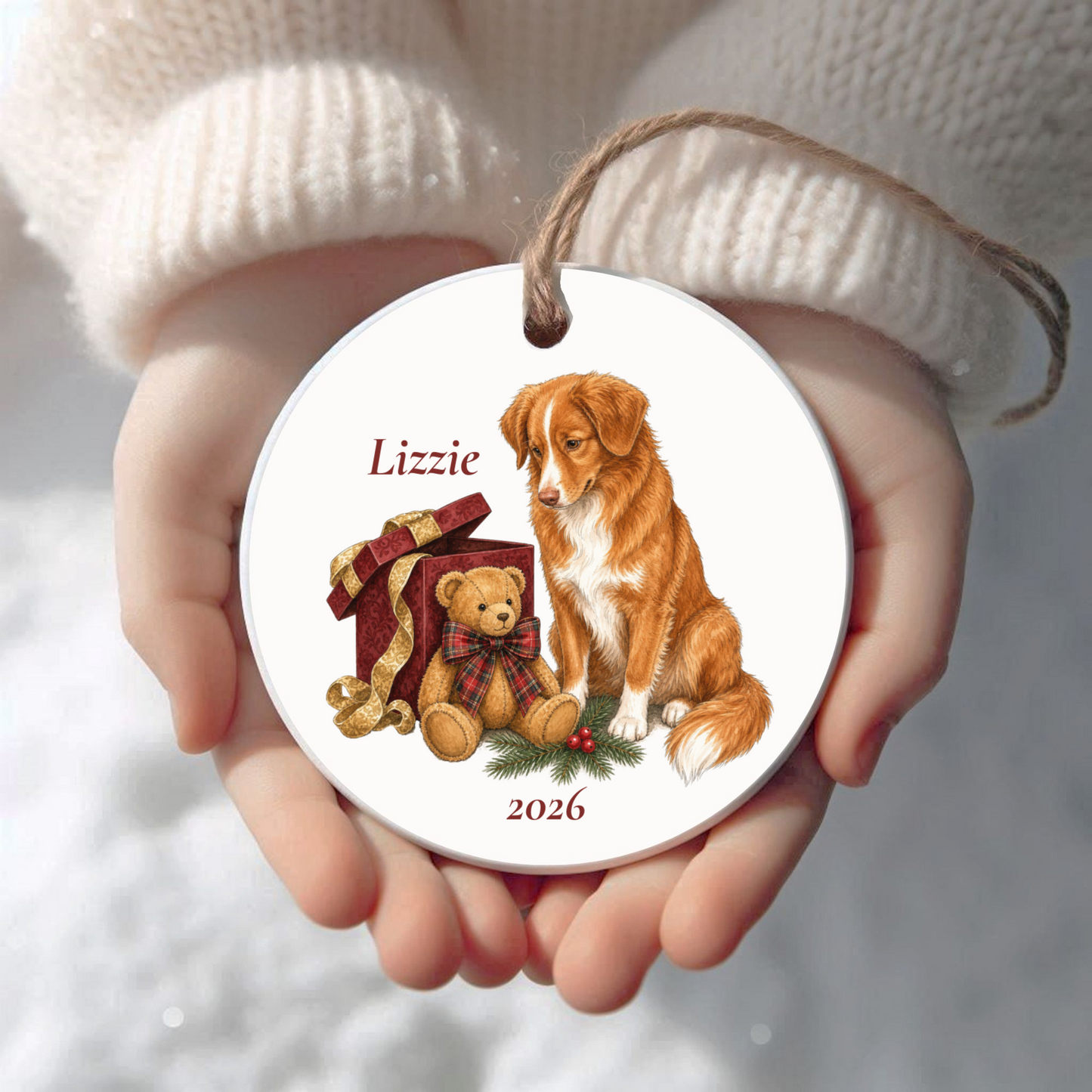 Personalized Nova Scotia Duck Tolling Retriever Christmas ornament held in cupped hands