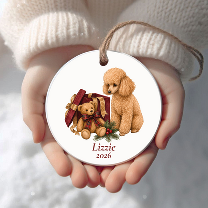 Personalized Miniature Poodle (Apricot) Christmas ornament held in cupped hands