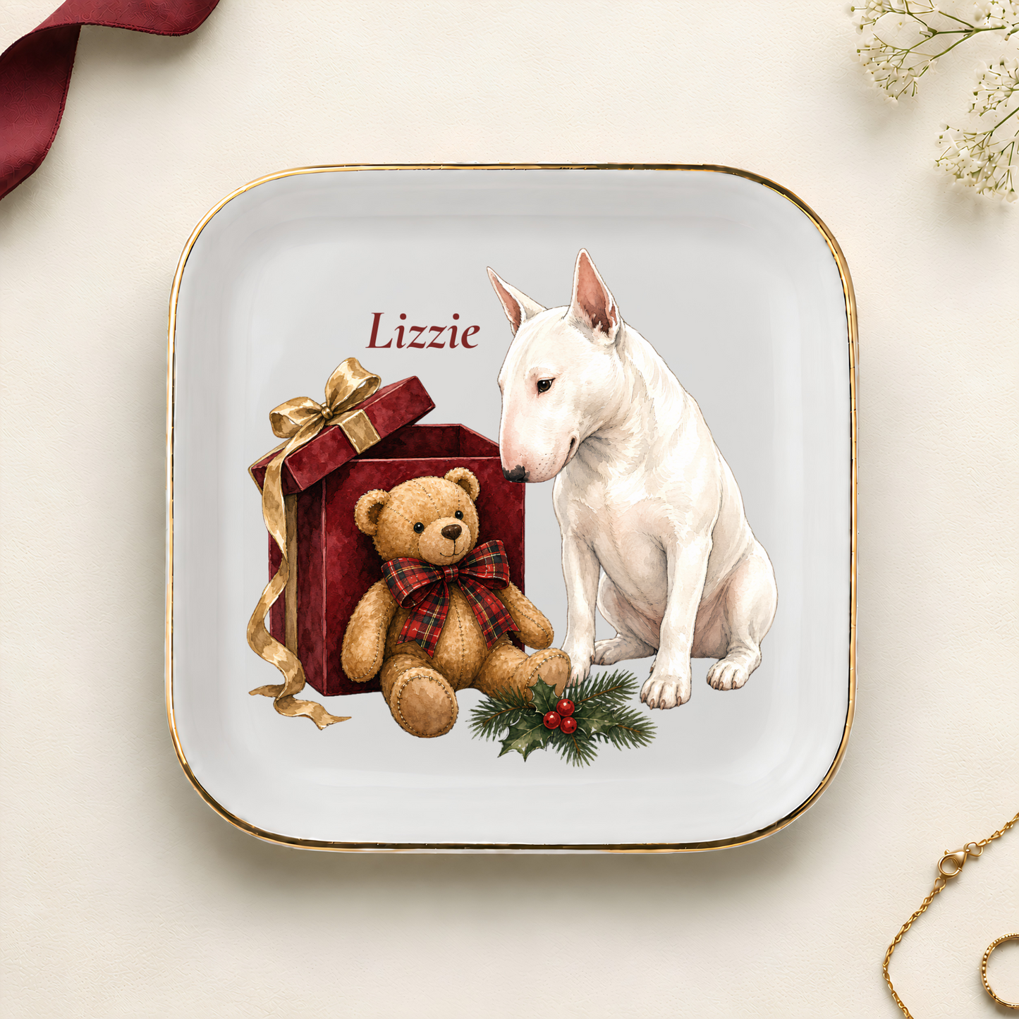 Personalized Bull Terrier Christmas jewelry dish with gold rim