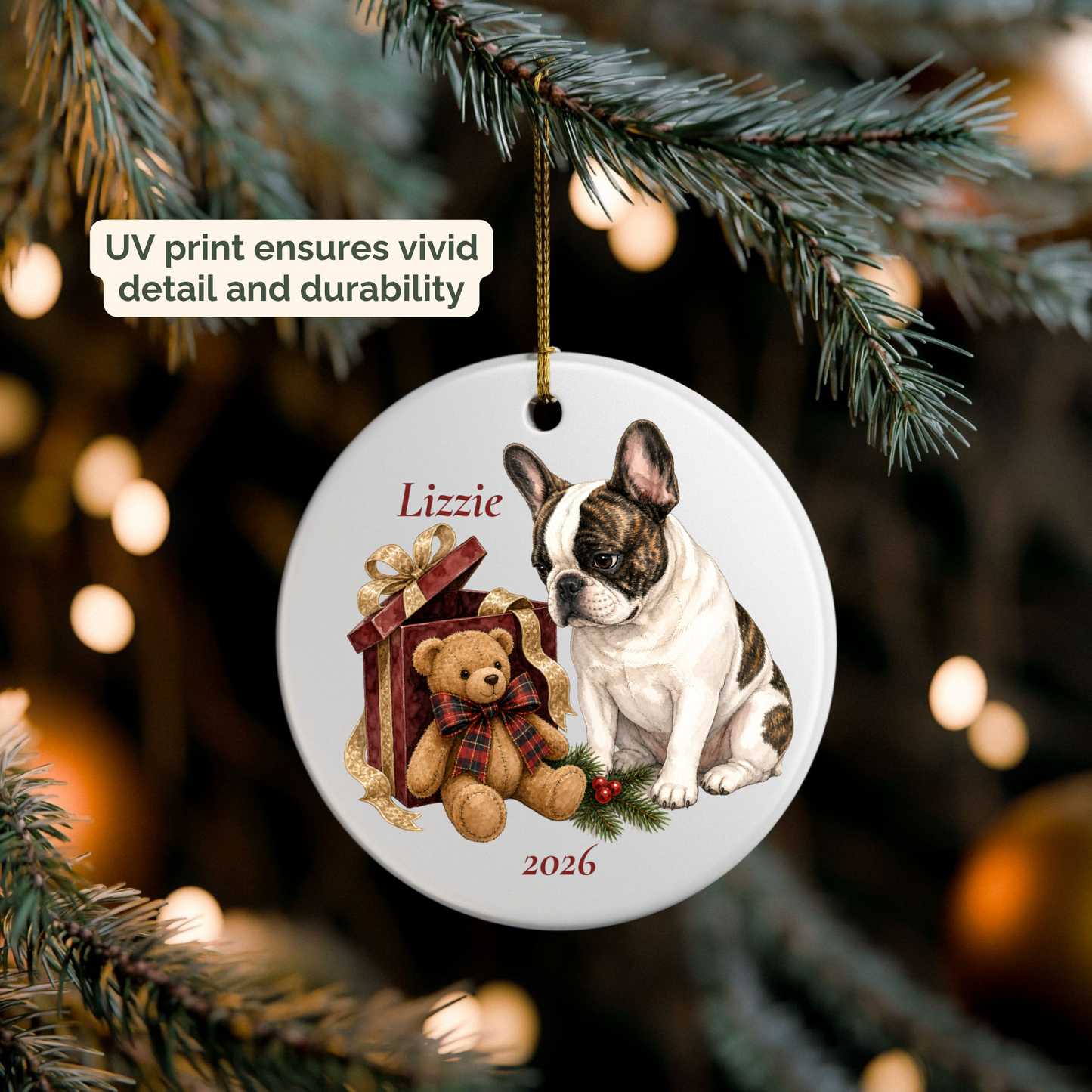 Personalized French Bulldog ornament hanging on a lit Christmas tree