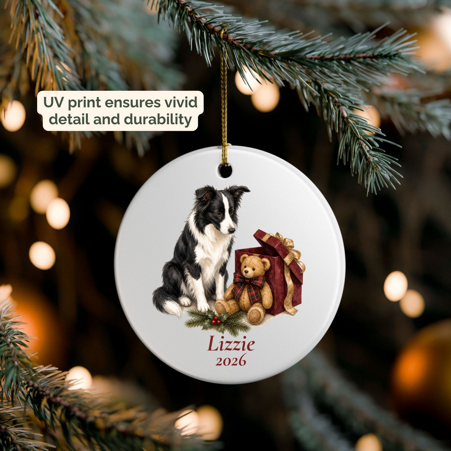 Personalized Border Collie ornament hanging on a lit Christmas tree