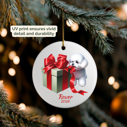 Personalized Bichon Frise ornament hanging on a lit Christmas tree