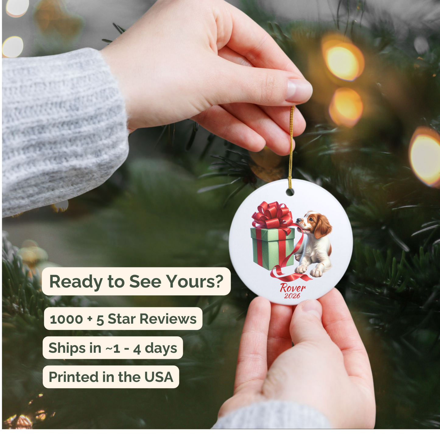 Hand holding a personalized Brittany Spaniel ceramic ornament beside a Christmas tree