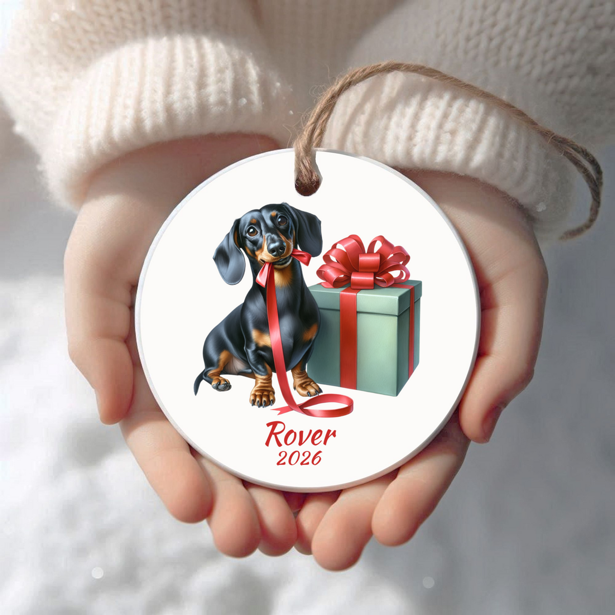 Personalized black and tan Dachshund Christmas ornament held in cupped hands