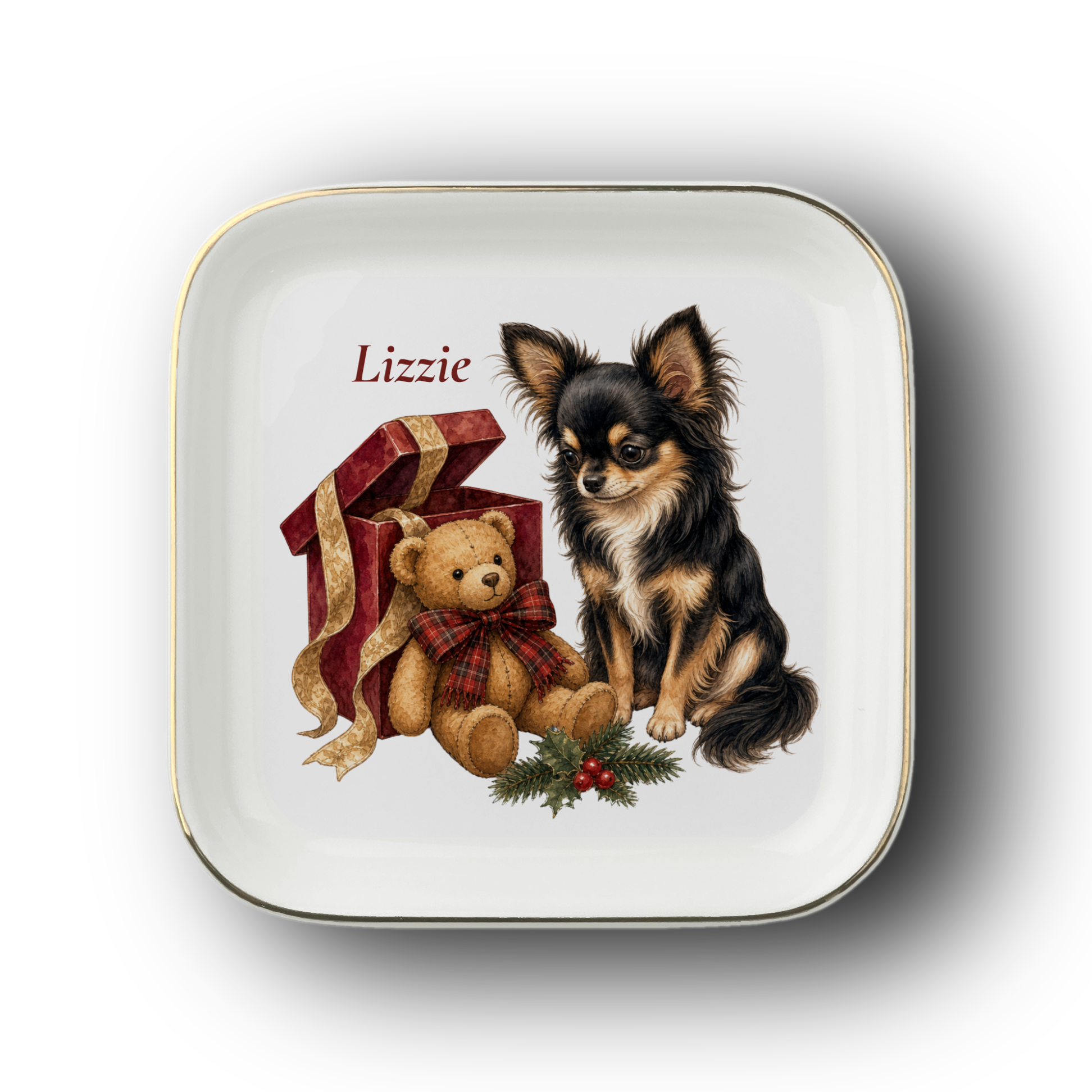 Longhaired Chihuahua jewelry dish on a white background