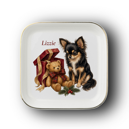 Longhaired Chihuahua jewelry dish on a white background