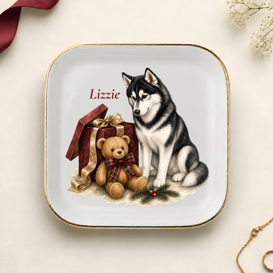 Personalized Siberian Husky Christmas jewelry dish with gold rim