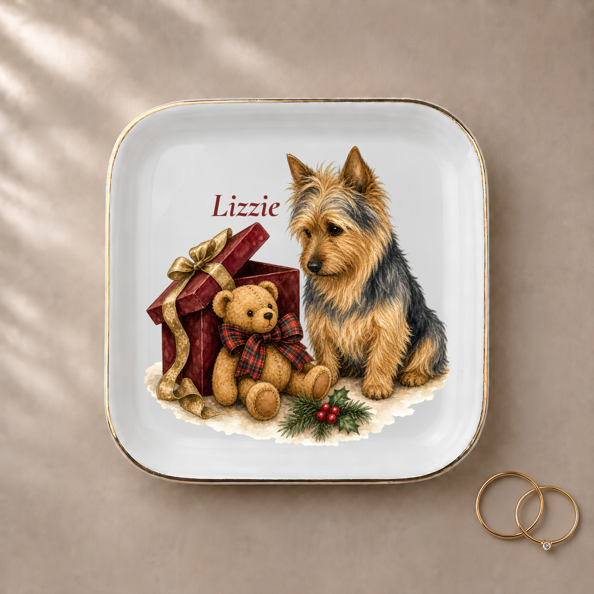 Australian Terrier jewelry dish styled with gold rings and a personalized name