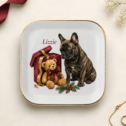 Personalized French Bulldog Christmas jewelry dish with gold rim
