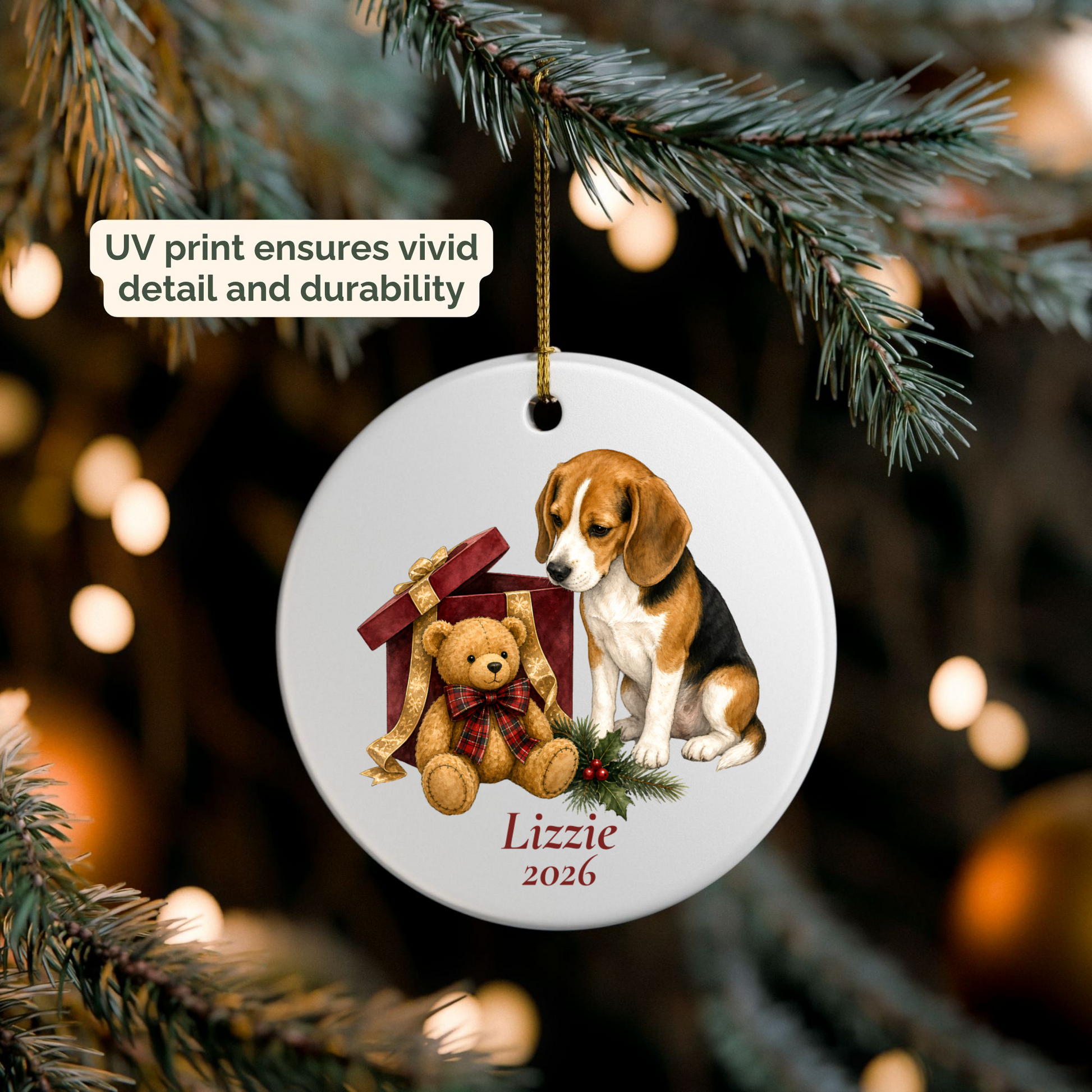 Personalized Beagle ornament hanging on a lit Christmas tree