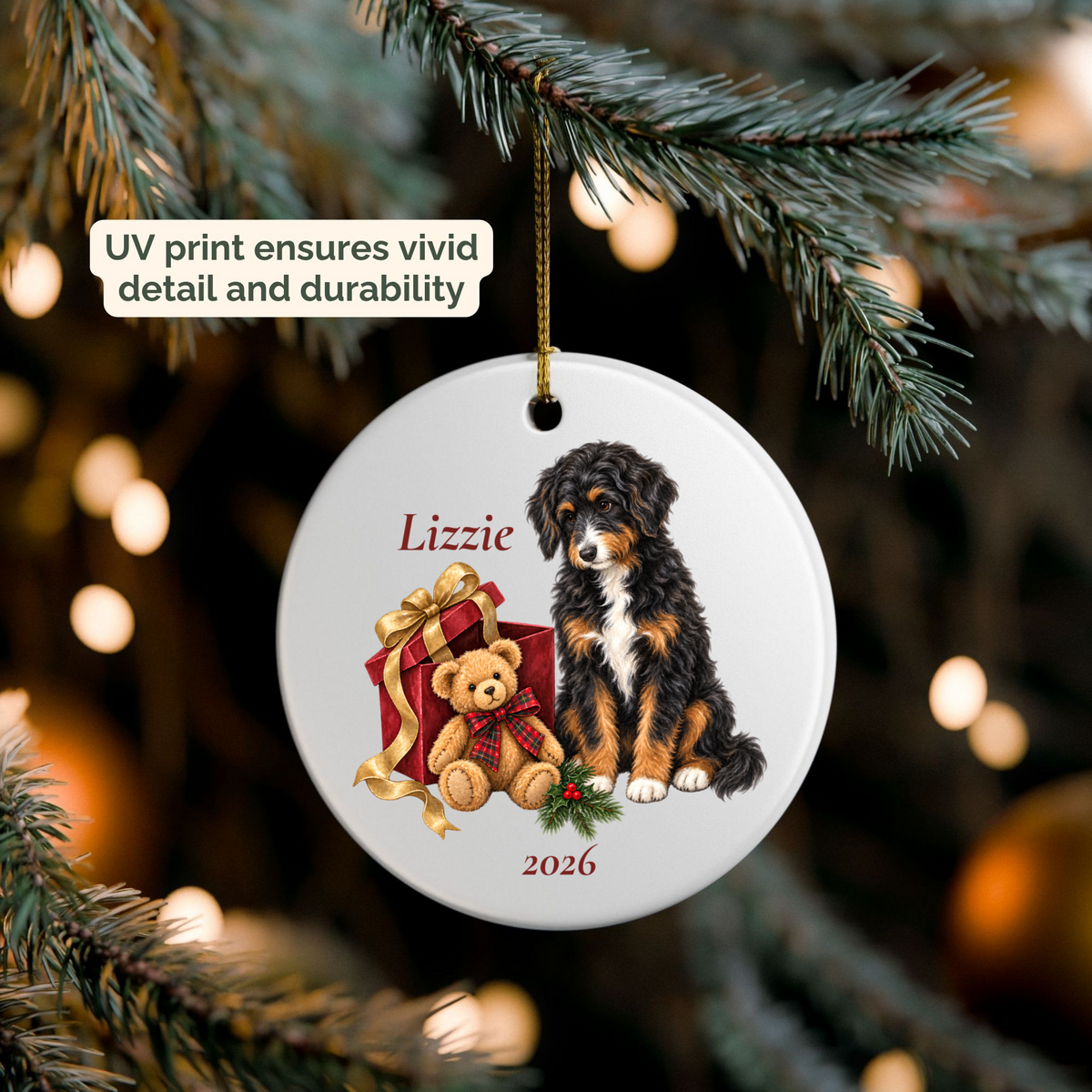 Aussiedoodle (Black Tricolor) personalized Bear Necessities ornament packed in a gift mailer box