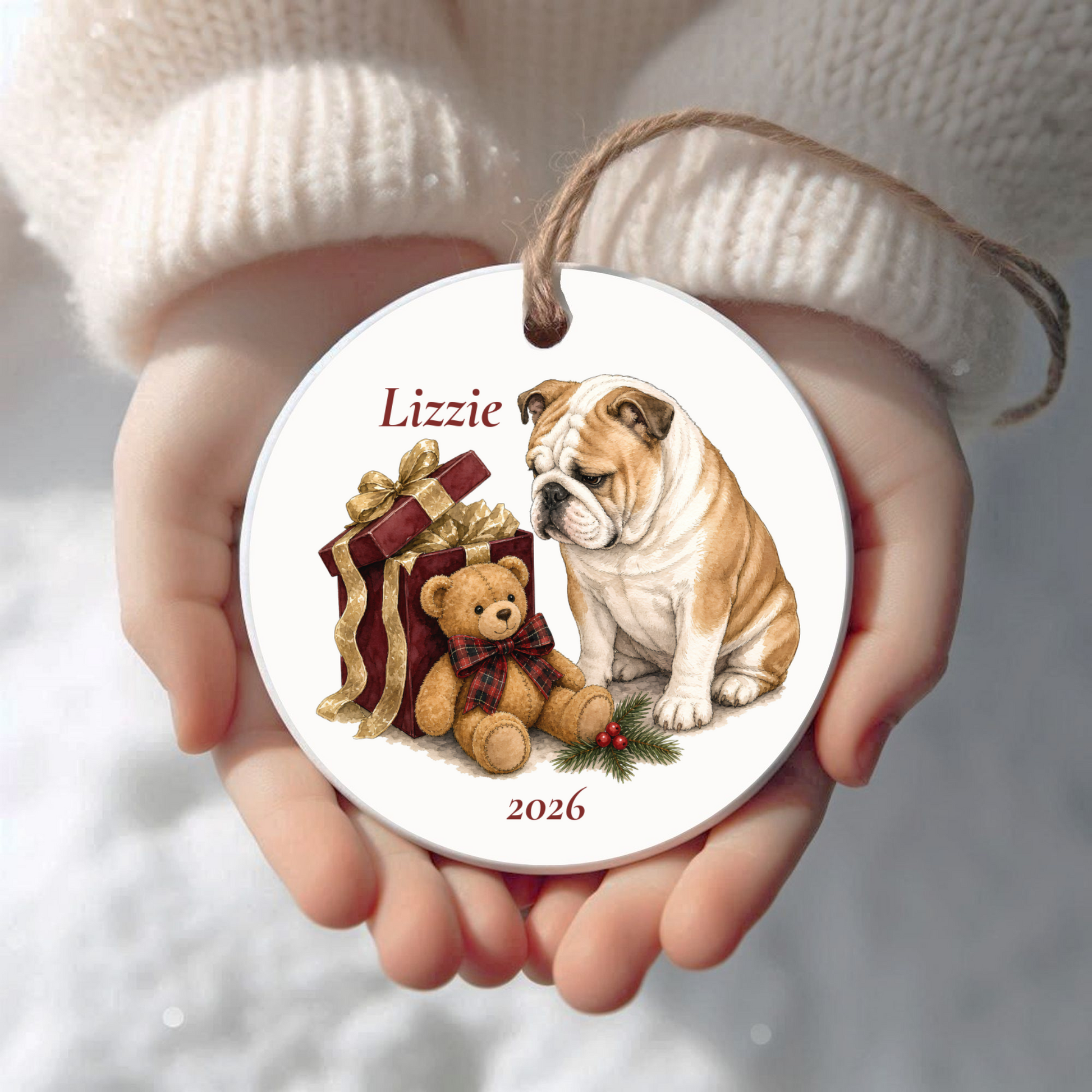 Personalized English Bulldog Christmas ornament held in cupped hands