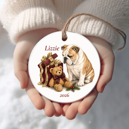 Personalized English Bulldog Christmas ornament held in cupped hands