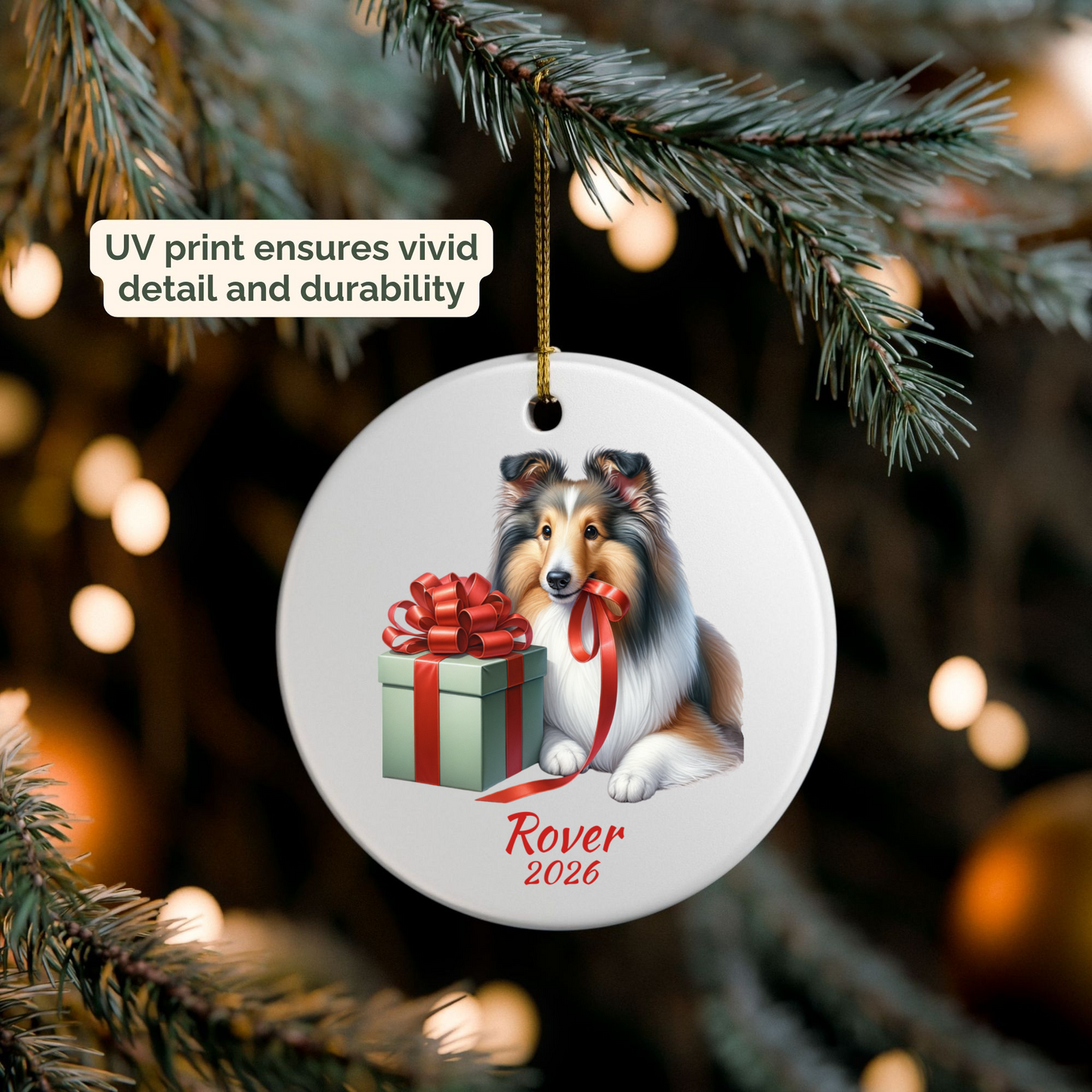 Personalized Shetland Sheepdog ornament hanging on a lit Christmas tree