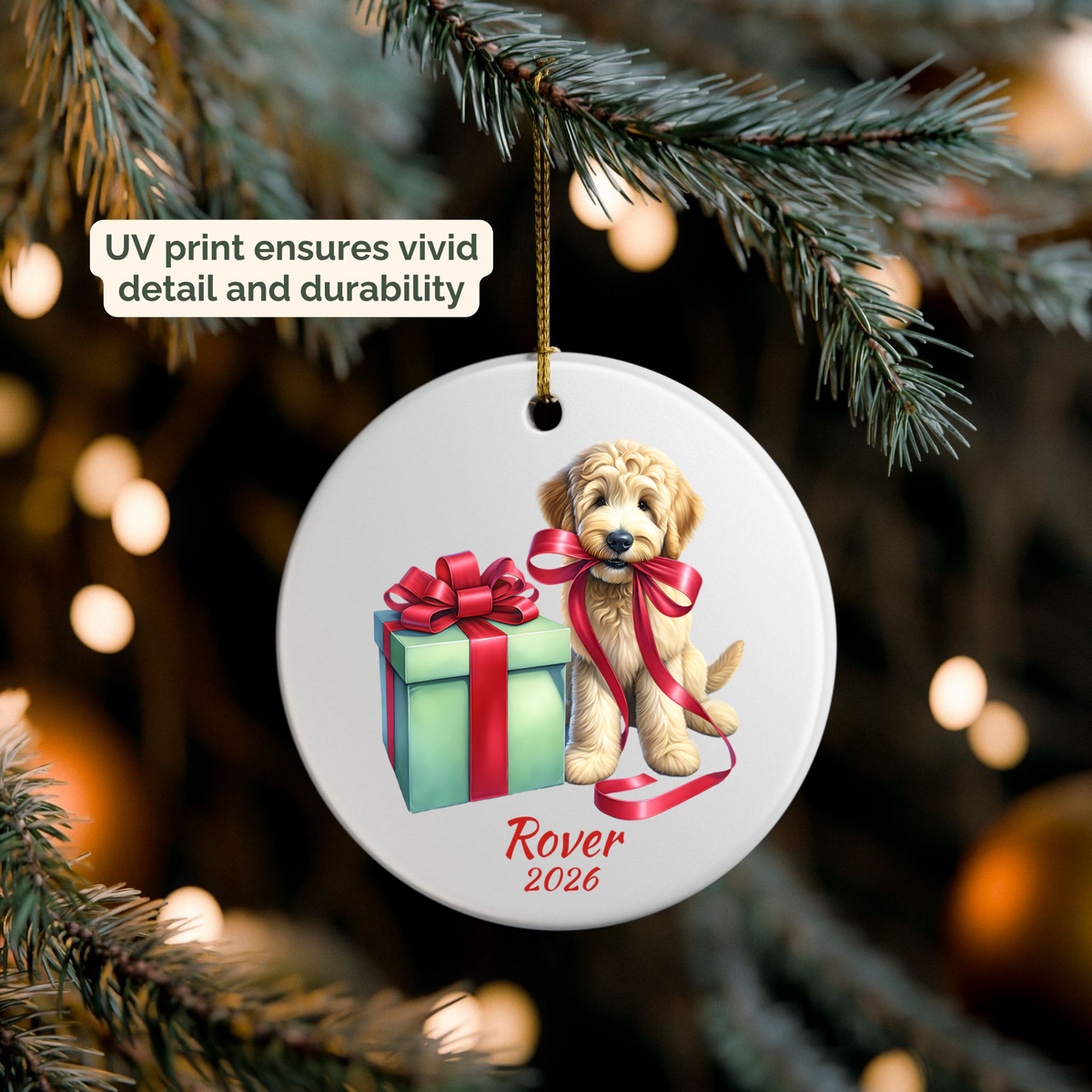 Personalized Goldendoodle ornament hanging on a lit Christmas tree