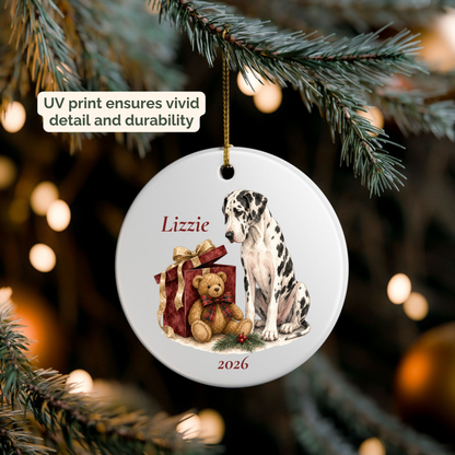 Personalized Great Dane (Harlequin) ornament hanging on a lit Christmas tree