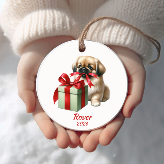 Personalized Pekingese Christmas ornament held in cupped hands