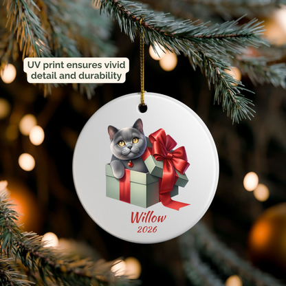 Personalized Grey Cat ornament hanging on a lit Christmas tree